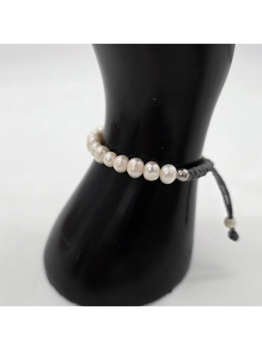 Freshwater Pearl & Sterling Beads Adjustable Macrame Bracelet With Gray Cord - Picture 2 of 4